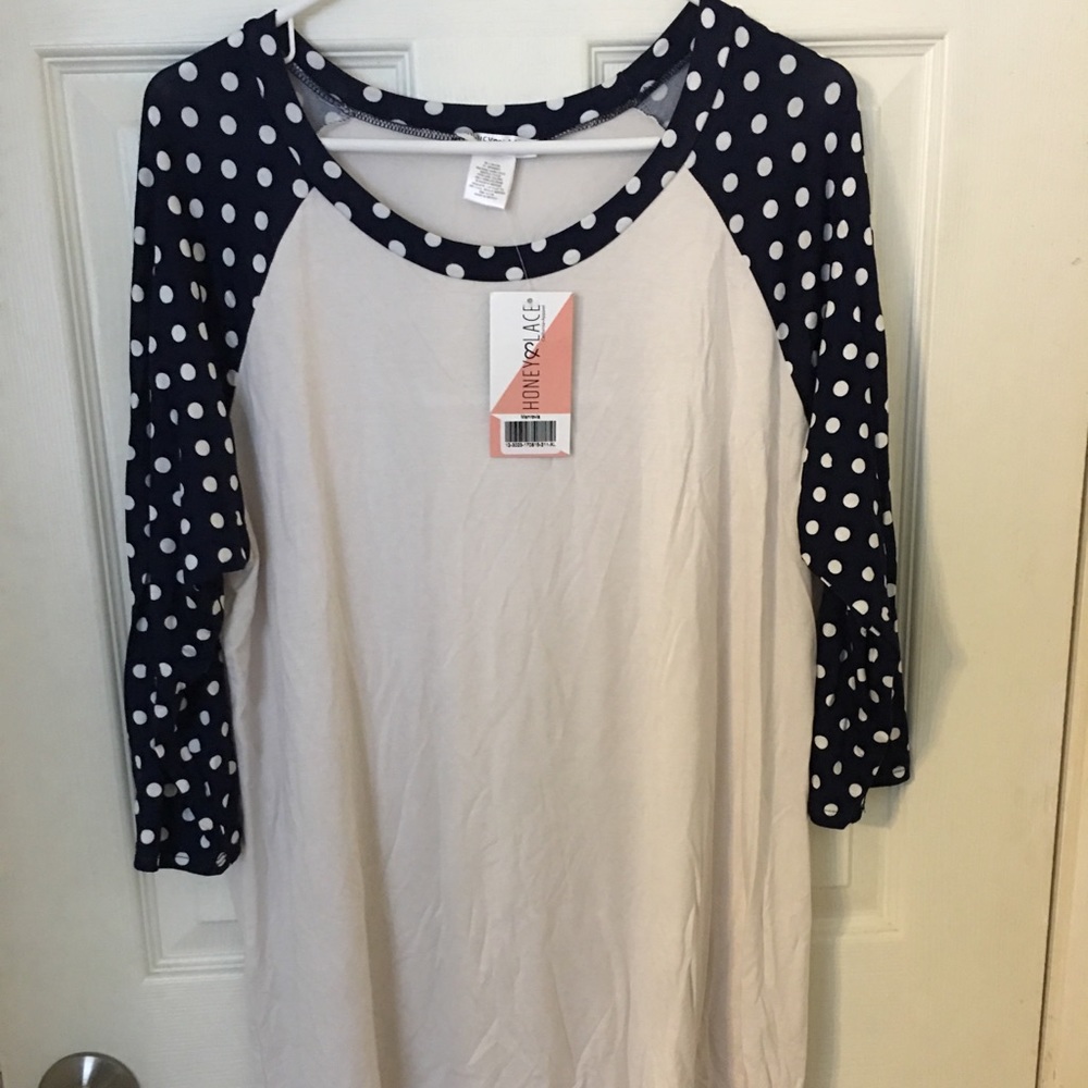 Women's Cream Raglan Sleeve Tee with Navy Polka Dot Sleeves